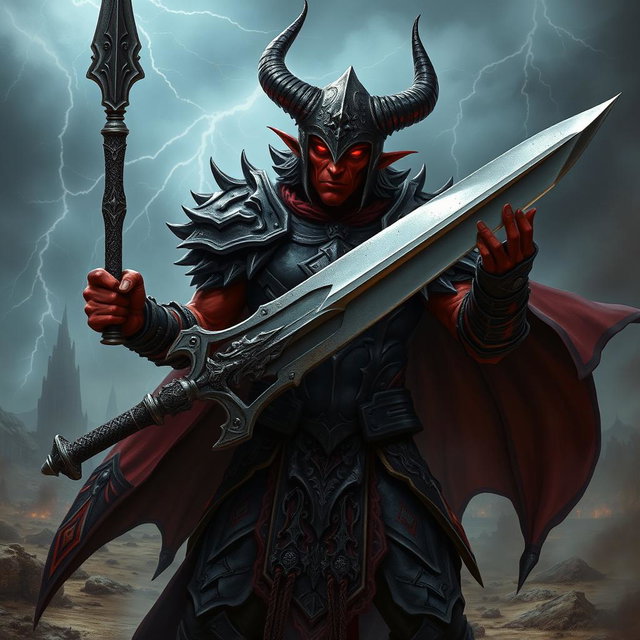 A menacing tiefling paladin with dark, crimson skin, sharp horns protruding from a tarnished silver helm, wielding a wicked-looking longsword
