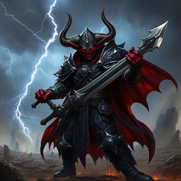 A menacing tiefling paladin with dark, crimson skin, sharp horns protruding from a tarnished silver helm, wielding a wicked-looking longsword