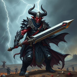 A menacing tiefling paladin with dark, crimson skin, sharp horns protruding from a tarnished silver helm, wielding a wicked-looking longsword