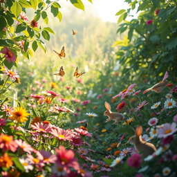 A serene and peaceful summer garden filled with vibrant flowers and lush greenery, emphasized with soft natural light filtering through the leaves