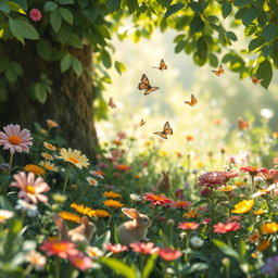 A serene and peaceful summer garden filled with vibrant flowers and lush greenery, emphasized with soft natural light filtering through the leaves
