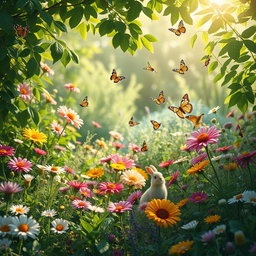 A serene and peaceful summer garden filled with vibrant flowers and lush greenery, emphasized with soft natural light filtering through the leaves