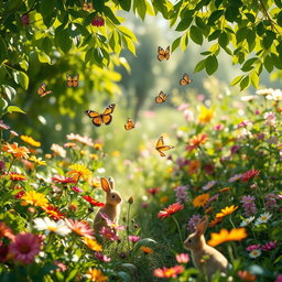 A serene and peaceful summer garden filled with vibrant flowers and lush greenery, emphasized with soft natural light filtering through the leaves