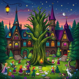 A vibrant and magical fantasy school, nestled in the heart of an enchanted forest