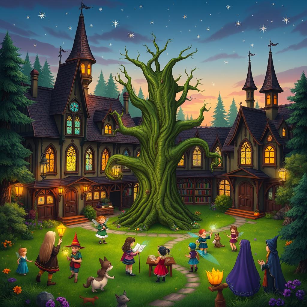 A vibrant and magical fantasy school, nestled in the heart of an enchanted forest