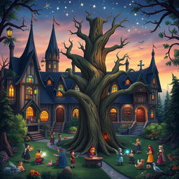 A vibrant and magical fantasy school, nestled in the heart of an enchanted forest