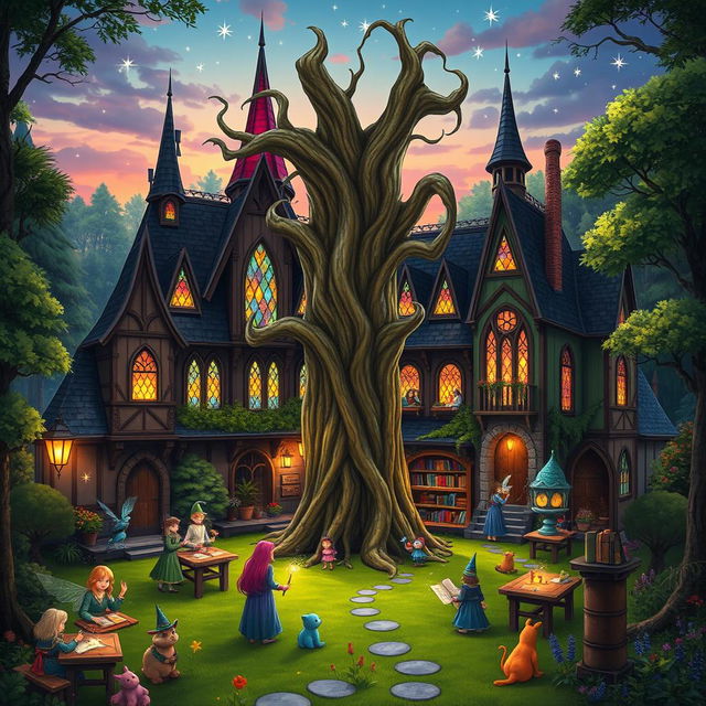 A vibrant and magical fantasy school, nestled in the heart of an enchanted forest