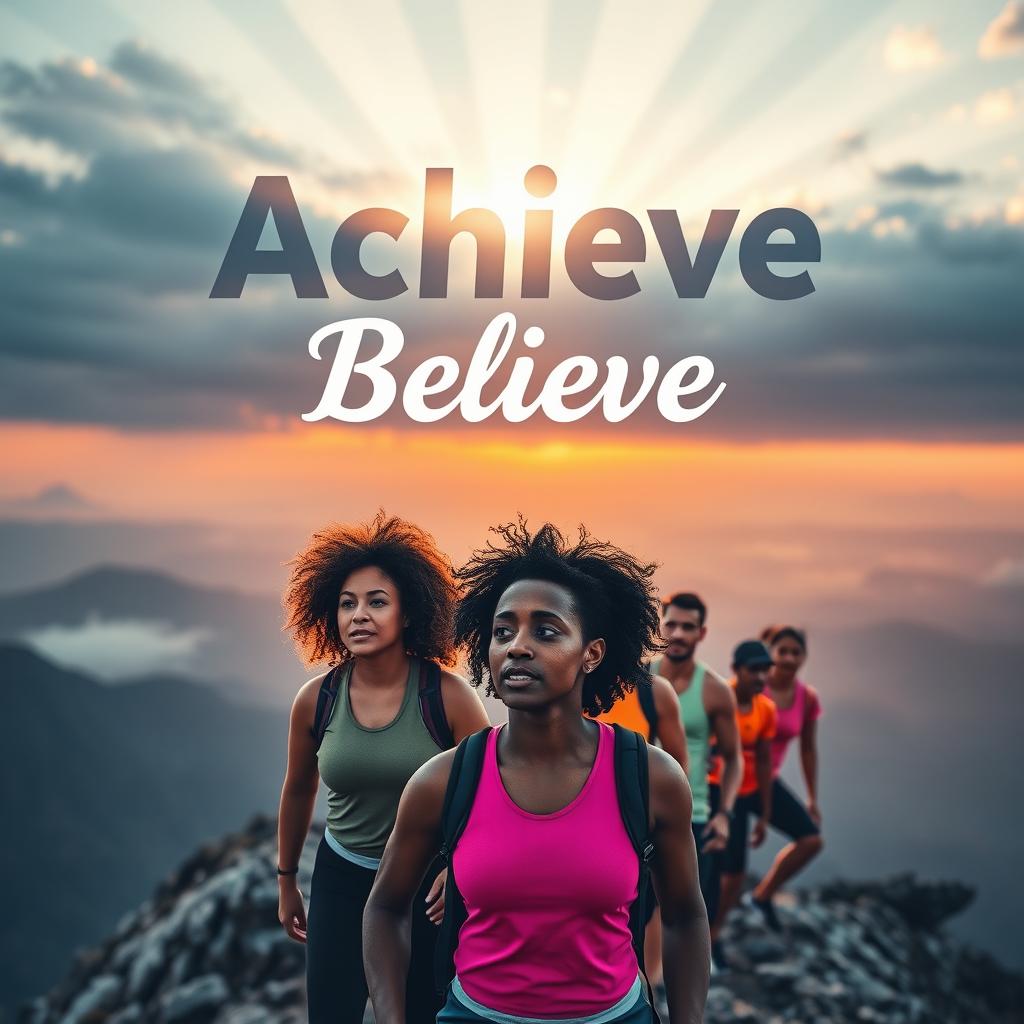 A motivational and inspiring scene depicting the concepts of 'Achieve' and 'Believe'