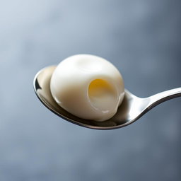 A compact and smooth quenelle, elegantly placed in a gleaming silver spoon, showcasing its perfect shape and texture