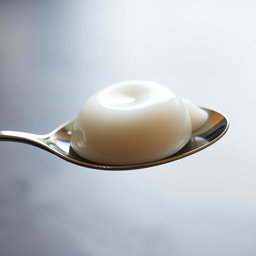 A compact and smooth quenelle, elegantly placed in a gleaming silver spoon, showcasing its perfect shape and texture