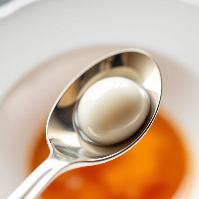 A compact and smooth quenelle, elegantly placed in a gleaming silver spoon, showcasing its perfect shape and texture