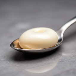 A compact and smooth quenelle, elegantly placed in a gleaming silver spoon, showcasing its perfect shape and texture