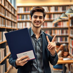 A confident young man proudly displaying his bachelor's degree diploma in a modern university setting