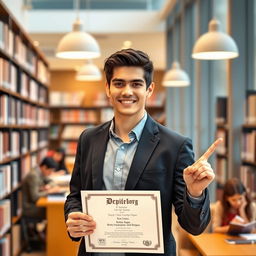 A confident young man proudly displaying his bachelor's degree diploma in a modern university setting