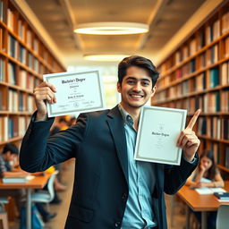 A confident young man proudly displaying his bachelor's degree diploma in a modern university setting
