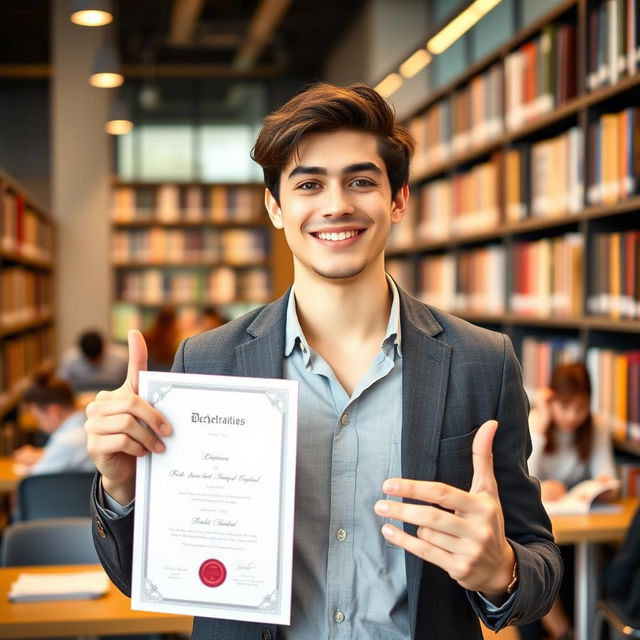 A confident young man proudly displaying his bachelor's degree diploma in a modern university setting