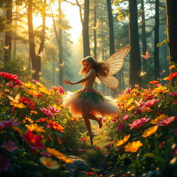 A surreal and vibrant scene featuring a lush, enchanted forest with vivid flowers and tall trees, glowing in a magical golden hour light