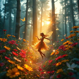 A surreal and vibrant scene featuring a lush, enchanted forest with vivid flowers and tall trees, glowing in a magical golden hour light