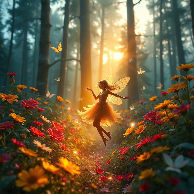 A surreal and vibrant scene featuring a lush, enchanted forest with vivid flowers and tall trees, glowing in a magical golden hour light