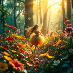 A surreal and vibrant scene featuring a lush, enchanted forest with vivid flowers and tall trees, glowing in a magical golden hour light