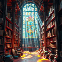 A vibrant and colorful scene depicting an ancient library filled with intricate science and technology books