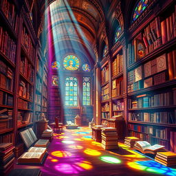 A vibrant and colorful scene depicting an ancient library filled with intricate science and technology books