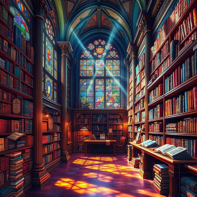 A vibrant and colorful scene depicting an ancient library filled with intricate science and technology books