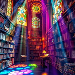 A vibrant and colorful scene depicting an ancient library filled with intricate science and technology books
