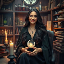 A mystical witch school counselor sitting in a cozy, enchanted office filled with books and magical artifacts