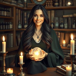 A mystical witch school counselor sitting in a cozy, enchanted office filled with books and magical artifacts