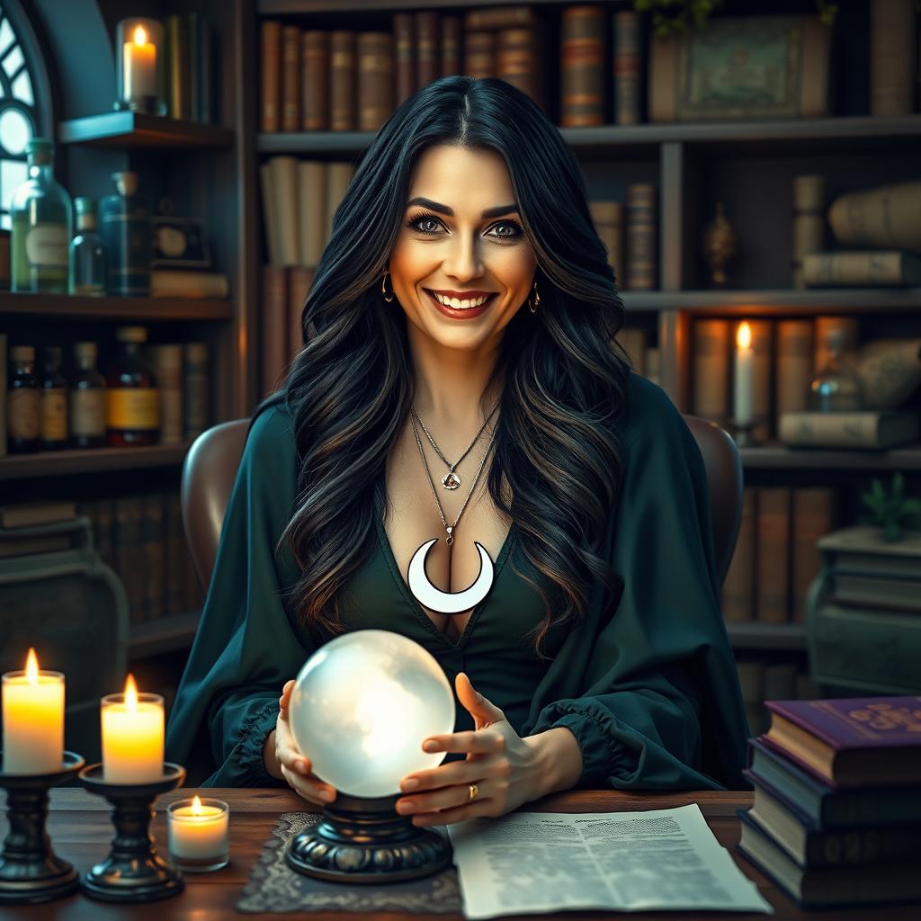 A mystical witch school counselor sitting in a cozy, enchanted office filled with books and magical artifacts
