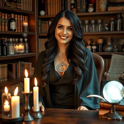 A mystical witch school counselor sitting in a cozy, enchanted office filled with books and magical artifacts