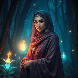 A powerful witch wearing a beautifully ornate hijab, standing in a mystical forest surrounded by glowing magical runes