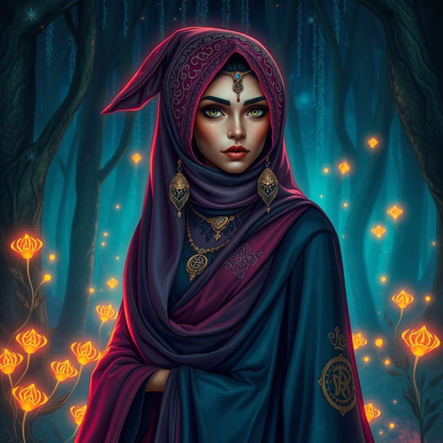 A powerful witch wearing a beautifully ornate hijab, standing in a mystical forest surrounded by glowing magical runes