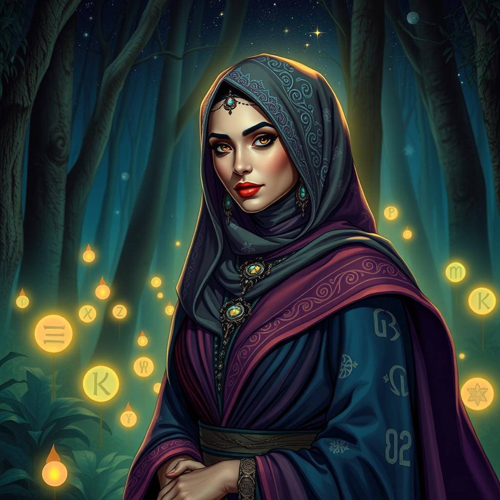 A powerful witch wearing a beautifully ornate hijab, standing in a mystical forest surrounded by glowing magical runes