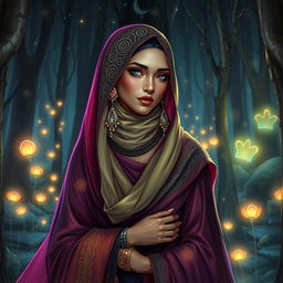 A powerful witch wearing a beautifully ornate hijab, standing in a mystical forest surrounded by glowing magical runes