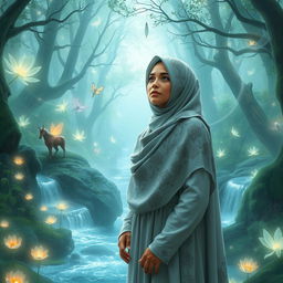 A serene scene featuring a woman wearing an intricately designed hijab, standing gracefully in a mythical forest filled with luminescent plants, mystical creatures like fairies and unicorns around her, soft ethereal light filtering through the trees, creating a magical atmosphere
