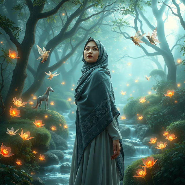A serene scene featuring a woman wearing an intricately designed hijab, standing gracefully in a mythical forest filled with luminescent plants, mystical creatures like fairies and unicorns around her, soft ethereal light filtering through the trees, creating a magical atmosphere