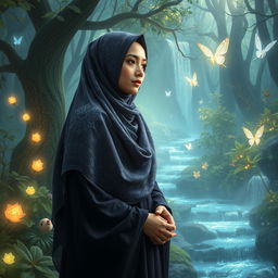 A serene scene featuring a woman wearing an intricately designed hijab, standing gracefully in a mythical forest filled with luminescent plants, mystical creatures like fairies and unicorns around her, soft ethereal light filtering through the trees, creating a magical atmosphere