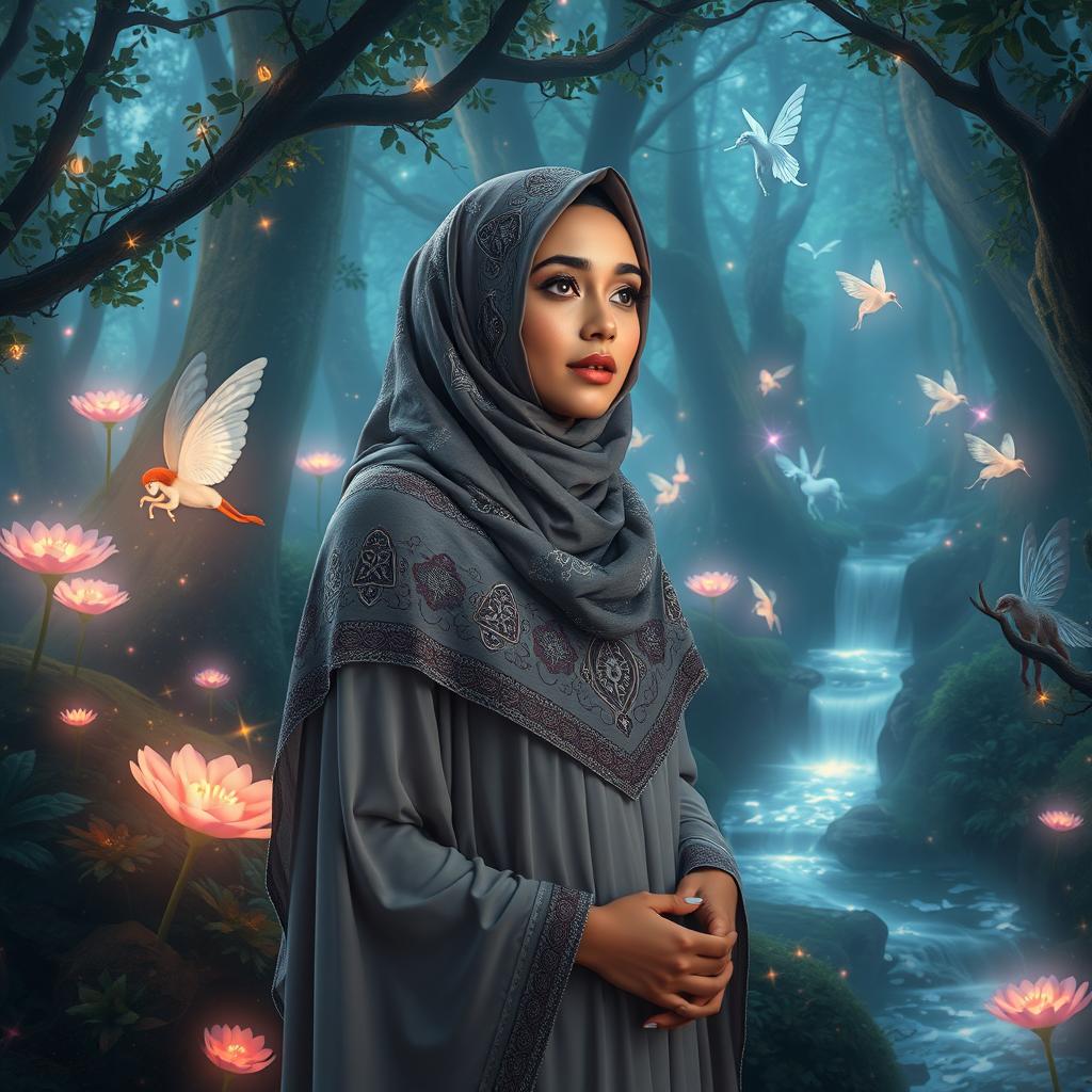A serene scene featuring a woman wearing an intricately designed hijab, standing gracefully in a mythical forest filled with luminescent plants, mystical creatures like fairies and unicorns around her, soft ethereal light filtering through the trees, creating a magical atmosphere