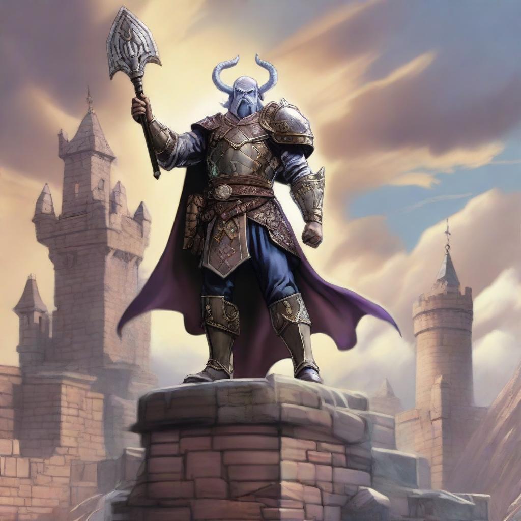 Display Sigma, the Dungeons and Dragons character, standing triumphantly atop the castle, victorious after the grueling duel.