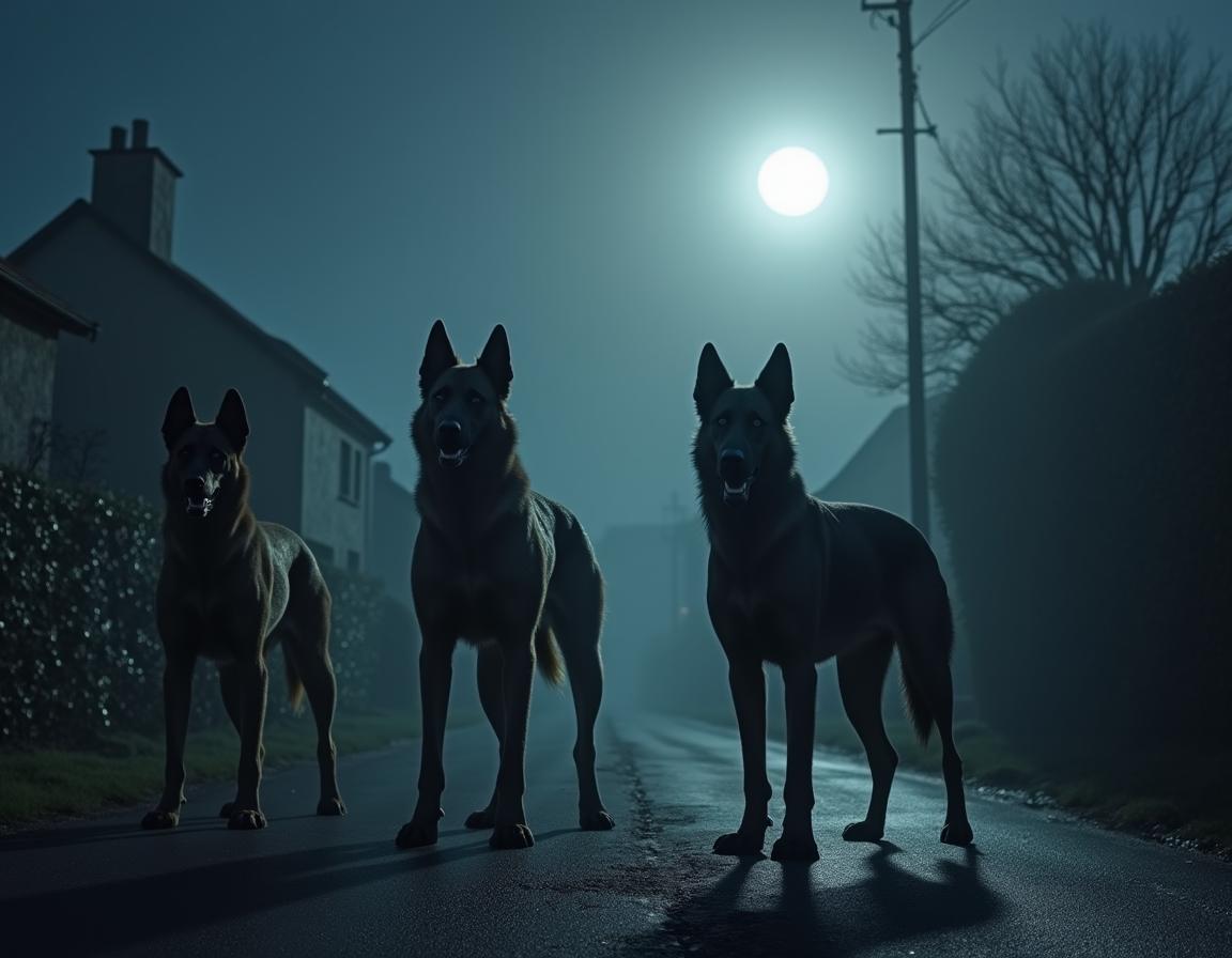 A photorealistic image of three large Irish hounds standing majestically on a dark street in a rural village in Ireland at night