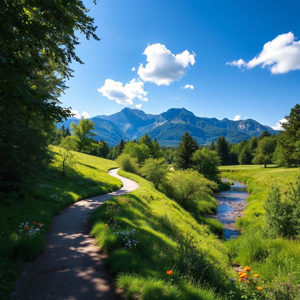 A serene landscape depicting a winding path through a lush green forest, sunlight filtering through the leaves, creating dappled shadows on the ground