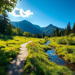 A serene landscape depicting a winding path through a lush green forest, sunlight filtering through the leaves, creating dappled shadows on the ground