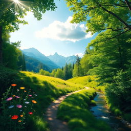 A serene landscape depicting a winding path through a lush green forest, sunlight filtering through the leaves, creating dappled shadows on the ground