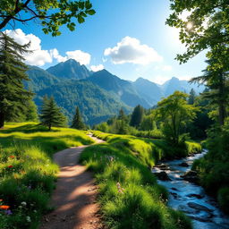 A serene landscape depicting a winding path through a lush green forest, sunlight filtering through the leaves, creating dappled shadows on the ground