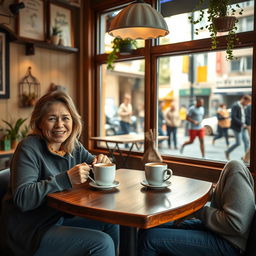 A warm and inviting scene of a cozy café where two friends are sitting comfortably at a wooden table, sipping on steaming cups of coffee
