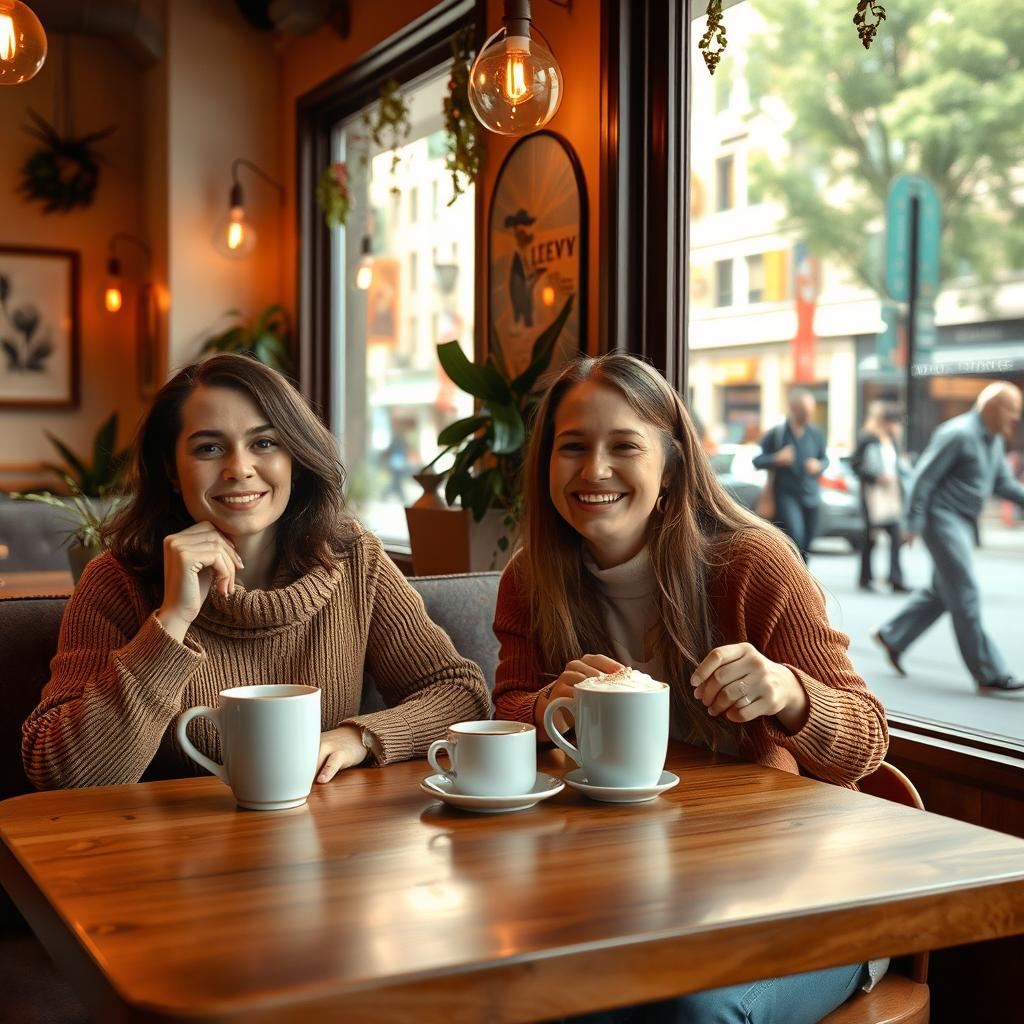 A warm and inviting scene of a cozy café where two friends are sitting comfortably at a wooden table, sipping on steaming cups of coffee