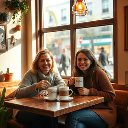 A warm and inviting scene of a cozy café where two friends are sitting comfortably at a wooden table, sipping on steaming cups of coffee