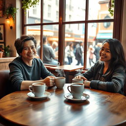 A warm and inviting scene of a cozy café where two friends are sitting comfortably at a wooden table, sipping on steaming cups of coffee